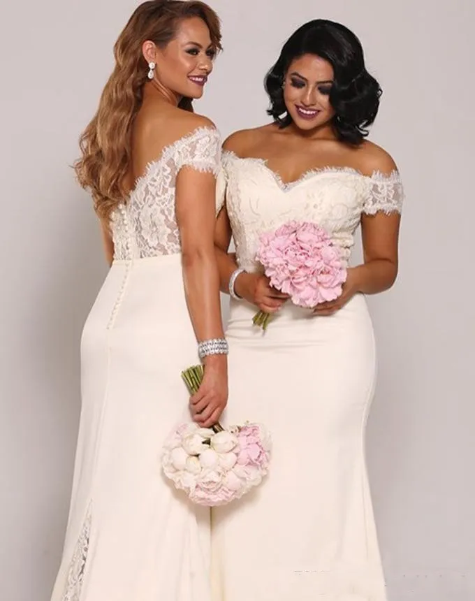 2020 goedkope zeemeermin bruidsmeisje jurken lieverd off schouder kant applicaties parels satijn plus size lange meid van eer bruiloft gasten jurken