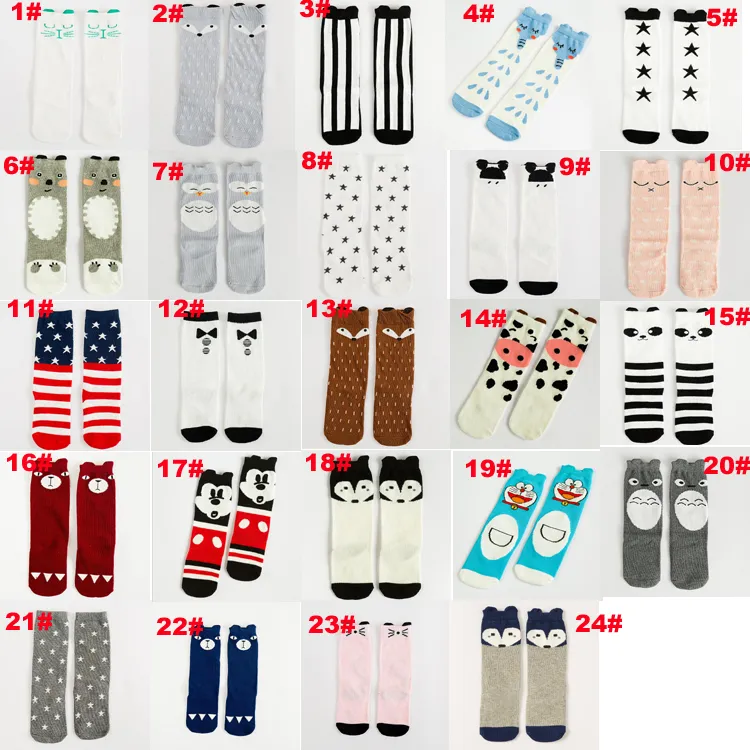 24 Styles للجنسين كراتون حيوان حرفي الساق المدفوعات Baby Boy Boys Knee High Totoro Panda Fox Socks Kids Cute Striped Knee Pad Sock 06y7485149