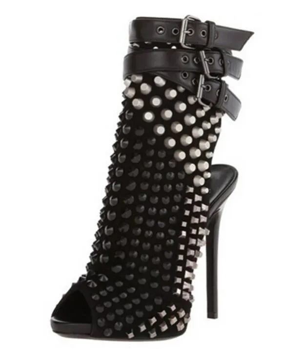 Peep Toe Slingbacks Stiletto Pumps Schnallenriemen Nieten Nieten Sandalen Stiefel Schuhe Frau Sexy Extreme High Heels Spiked Ankle Boots Damen