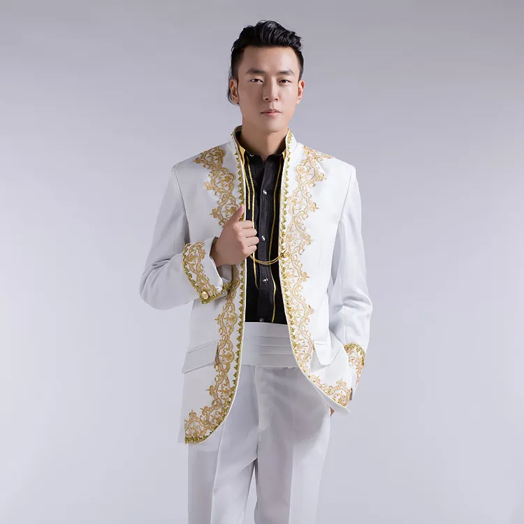 Groothandel-Nieuwe Chinese bruiloft bruidegom smoking pakken goud borduurwerk applique witte mannen witte mannen pak mannen pakken voor bruiloft mannen gouden pakken