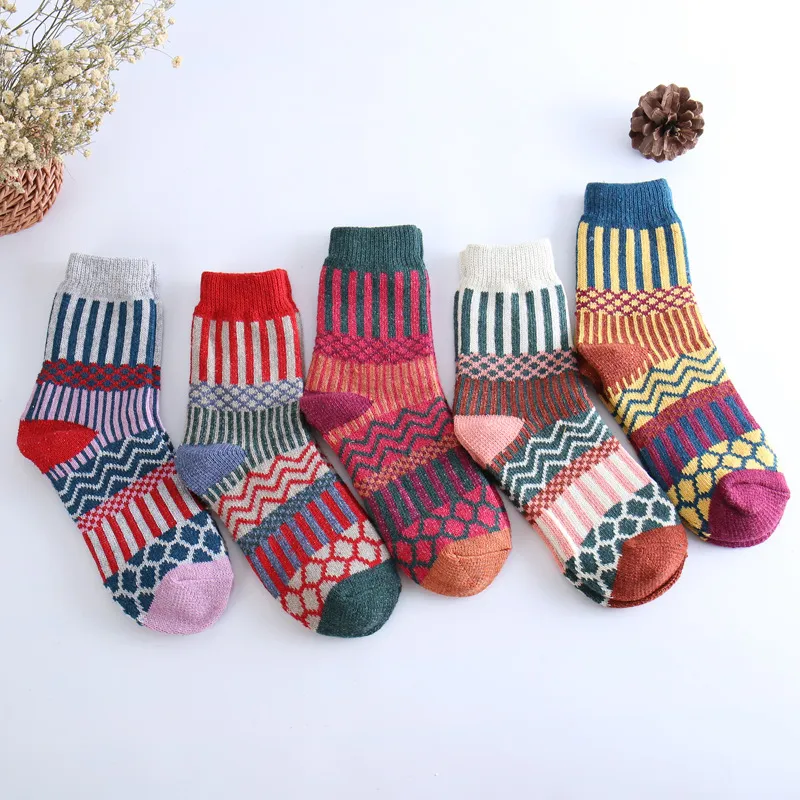 5 Styles Wool Socks Women Winter Thermal Warm Socks Female Crew Fashion Colorful Thick Socks Ladies Casual National style Sock 