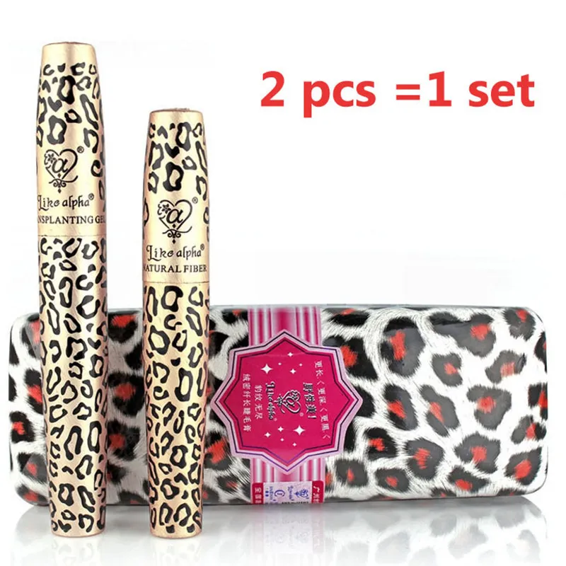 Love Alpha 3D FIBER LASHES Leopard Mascara Set W/ English Manual Waterproof Transplanting Gel & Natural Fibers Makeup