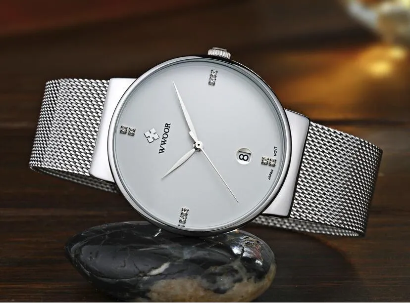 WWOOR 8018 мужские кварцевые часы с сетчатым ремнем из нержавеющей стали, оптовая продажа, водный настольный календарь, простые мужские