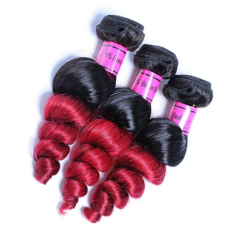 Ombre Maleisische Losse Wave Virgin Menselijk Hair Extensions 2 Two Tone 1B / Rood Bourgondië Wijnrode Maleisische Remy Menselijk Haar Weave Bundels