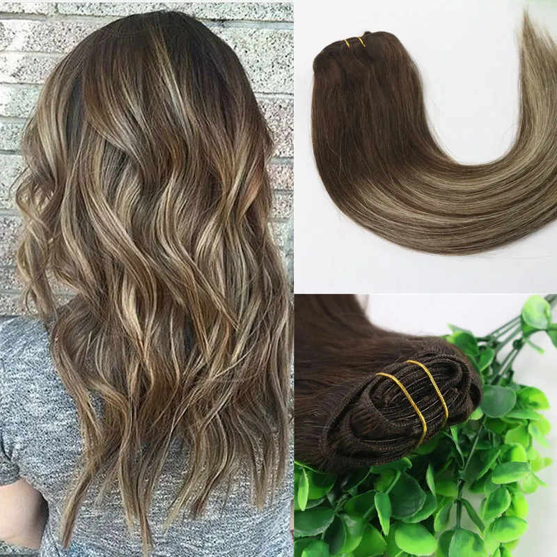 8A 7PCS 120gram Clip In Human Hair Extensions Ombre Brown Human Hair Brunette Shade With Blonde Balayage Highlights