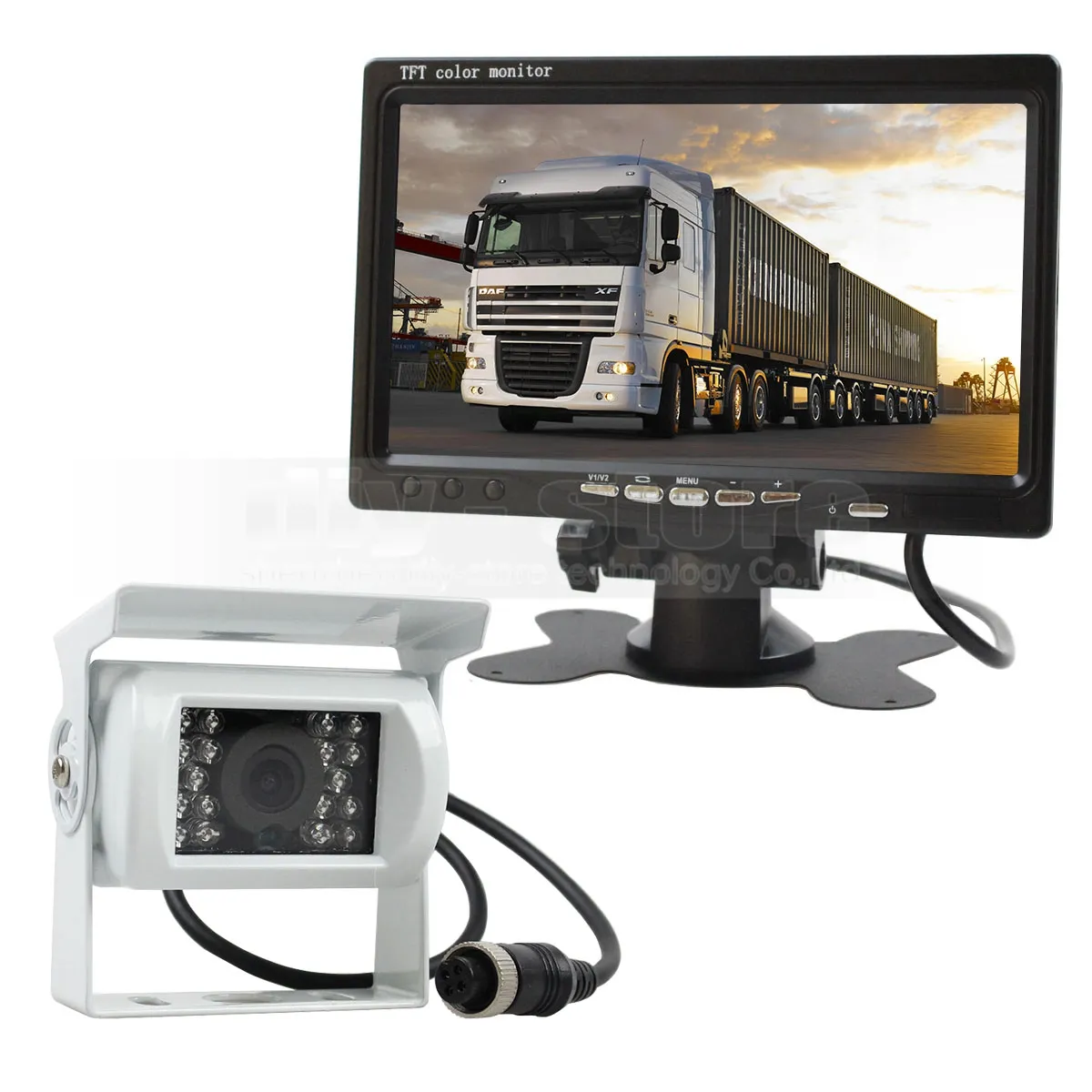 7INCH TFT LCD-bilmonitor + vit 4pin IR Nattvision CCD Bakifrån Kamera för busshusbåt lastbil