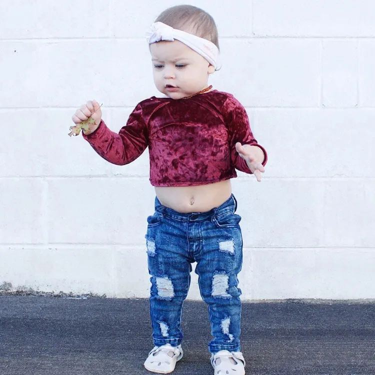 Baby Girl Clothes 2018 New Fashion Newborn Baby Girls Velvet Pleuche Wine Red Long Sleeve Crop Tops T-Shirt Children Clothing Autumn Winter