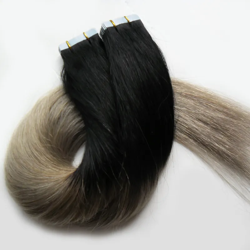 Ombre Tape in Human Hair Extensions Braziliaanse 1b / Silver Grey Hair Extensions 100g 40 Stks Rechte Huid Inslag 7A Grijze Tape Hair Extensions