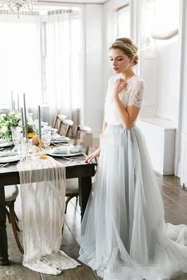 Cheap Country Bohemian Bridesmaid Dresses Lace Short Sleeves Tulle Skirt Maid Of Honor Gowns Wedding Guest Dress Abendkleider9594495