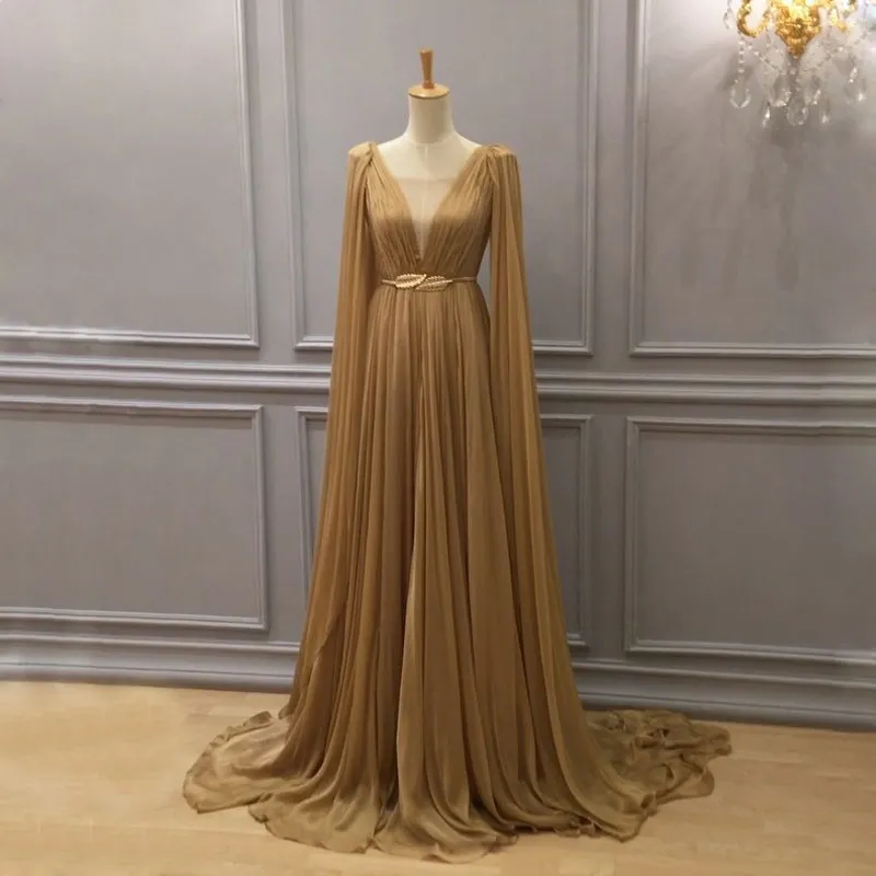 Arabische formelle Kleider aus goldenem Chiffon, Abendgarderobe, tiefer Ausschnitt, Kleider für besondere Anlässe, Dubai, A-Linie, plissiert, bodenlanges Ballkleid