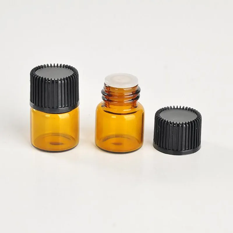 1ml 1/4 dram Amber Glass Essential Oil Bottle perfume sample tubes Bottle with Plug and caps fast shipping