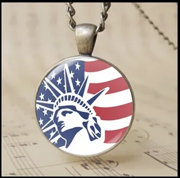 American flag art photo Pendane Necklace The Statue of Liberty charm jewelry bronze Cabochon rounded glass USA jewelry 12pcs T1014