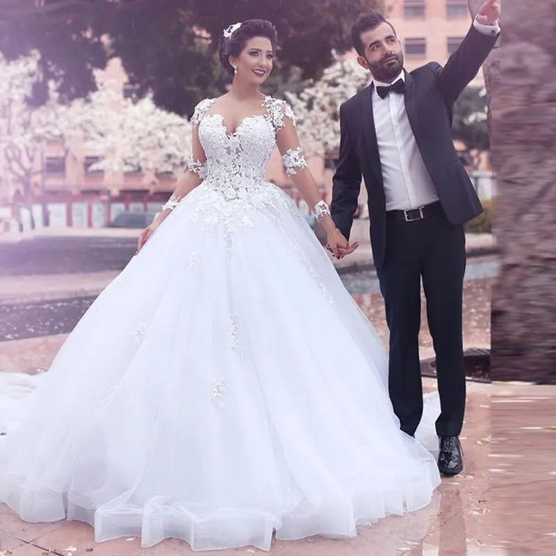 Saudi Arabic Middle East Ball Gown Wedding Dresses Sheer Jewel Long ...