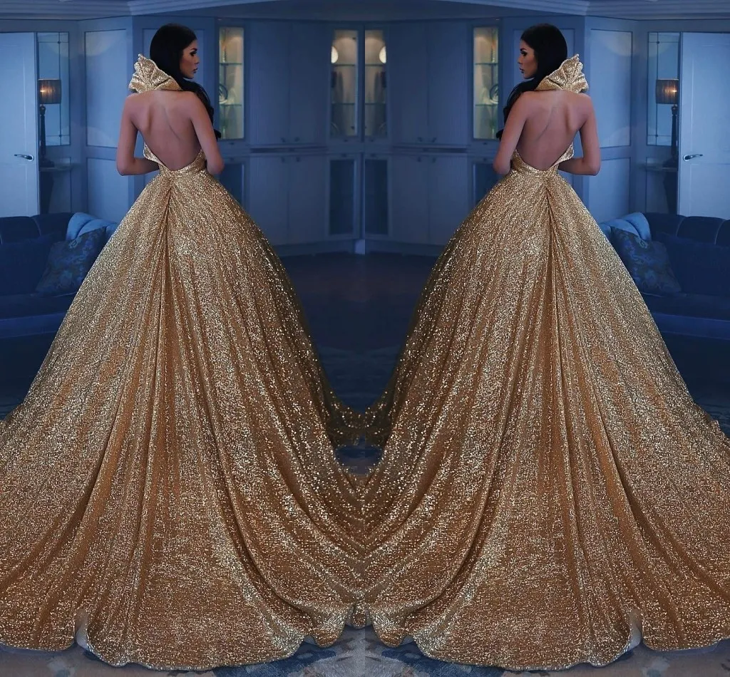 Gouden lovertjes Shinning Prom Dresses 2K17-2018 Sexy Diepe V-hals Backless Avondjurken Court Trein Cocktail Party Vestidos Custom Made
