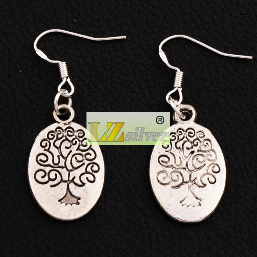 Boucles d'oreilles ovales arbre généalogique 925 crochet d'oreille de poisson en argent eslustre en argent Antique E203 41.5x14.9mm