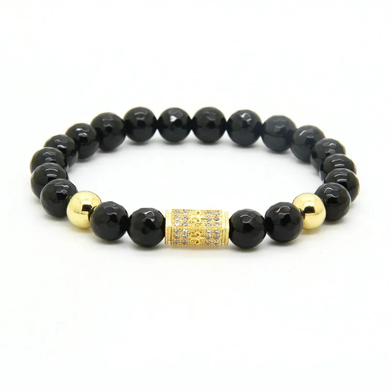 Krachtige sieraden groothandel 8mm facetten zwarte onyx steen met prachtige micro-inlay clear cz rechthoek hart armband