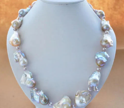 巨大な16×20mmピンクラベンダーバロックケシの生まれ変わった真珠のネックレス