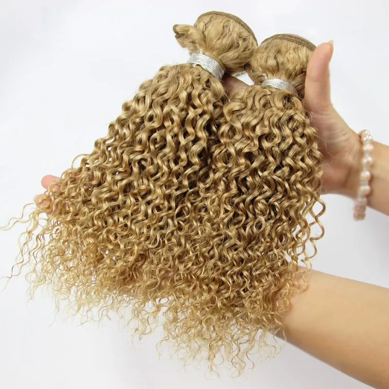 Kinky Curly #27 Honey Blonde Virgin Human Hair Wefts Extensions Curly Malaysian Human Hair Weaves Strawberry Blonde Hair Bundles