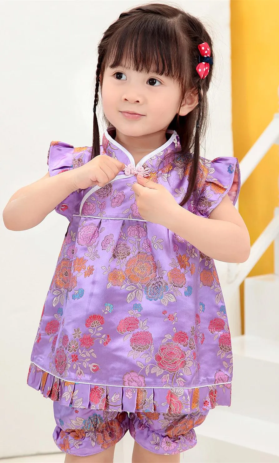 Ensembles floraux pour enfants bébé filles vêtements tenues costumes nouvel an hauts chinois robes pantalons courts Qipao cheongsam livraison gratuite