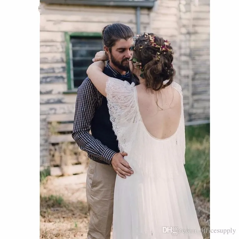 Plus Size Wedding Dresses 2020Short Sleeves Lace Country A Line Chiffon Scoop Long Backless Romantic Bohemian Wedding Gowns172n