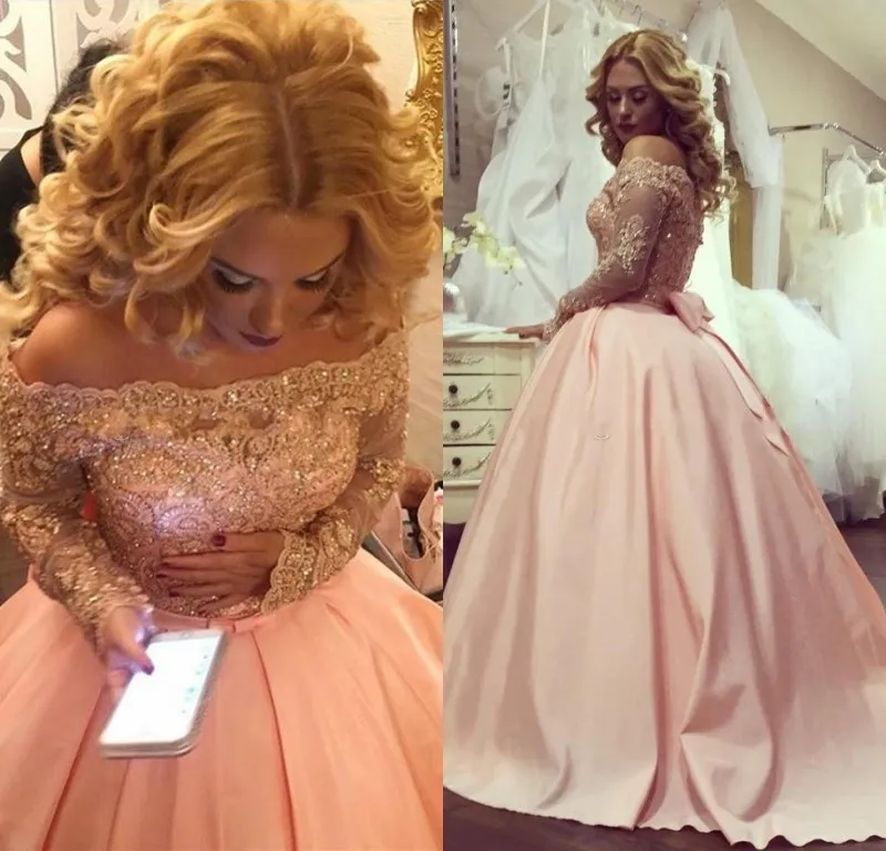 2018 nieuwe goedkope roze prom dresses off shoulder lange mouwen kant applicaties kralen formele speciale gelegenheid avondjurk feestjurken voor vrouwen