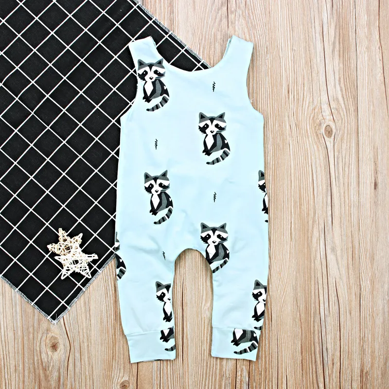 Nyfödd baby kläder söt baby romer sommar ärmlös tvättbjörn tryckt jumpsuit baby en bit kostym outfits barn kläder bomull babysuit