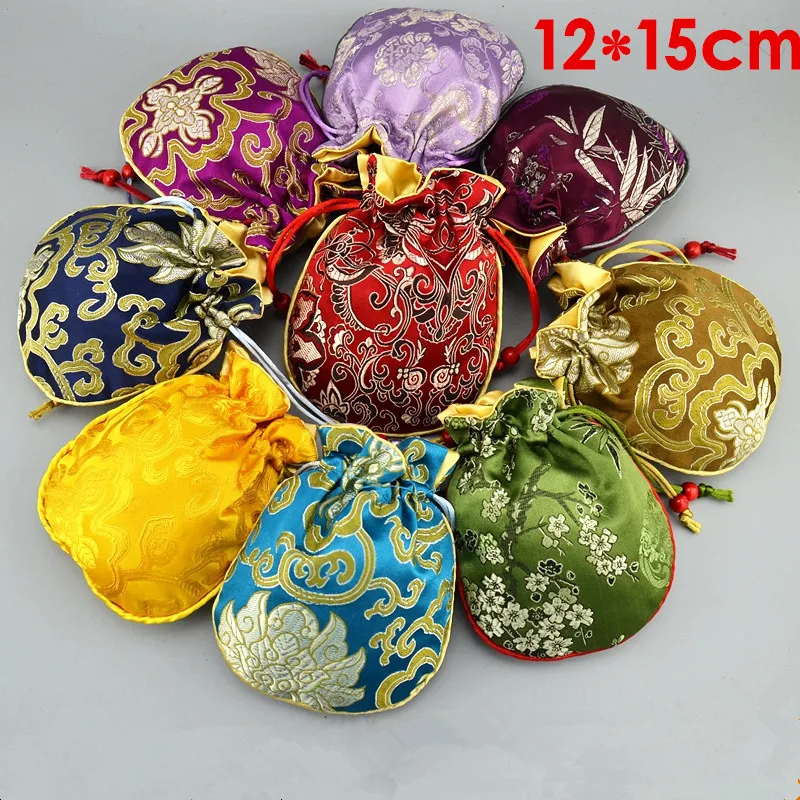 Cotton filled Thick Small Cloth Bag Chinese Silk Brocade Travel Jewelry Storage Bag Drawstring Crafts Trinket Gift Packaging Pouch 