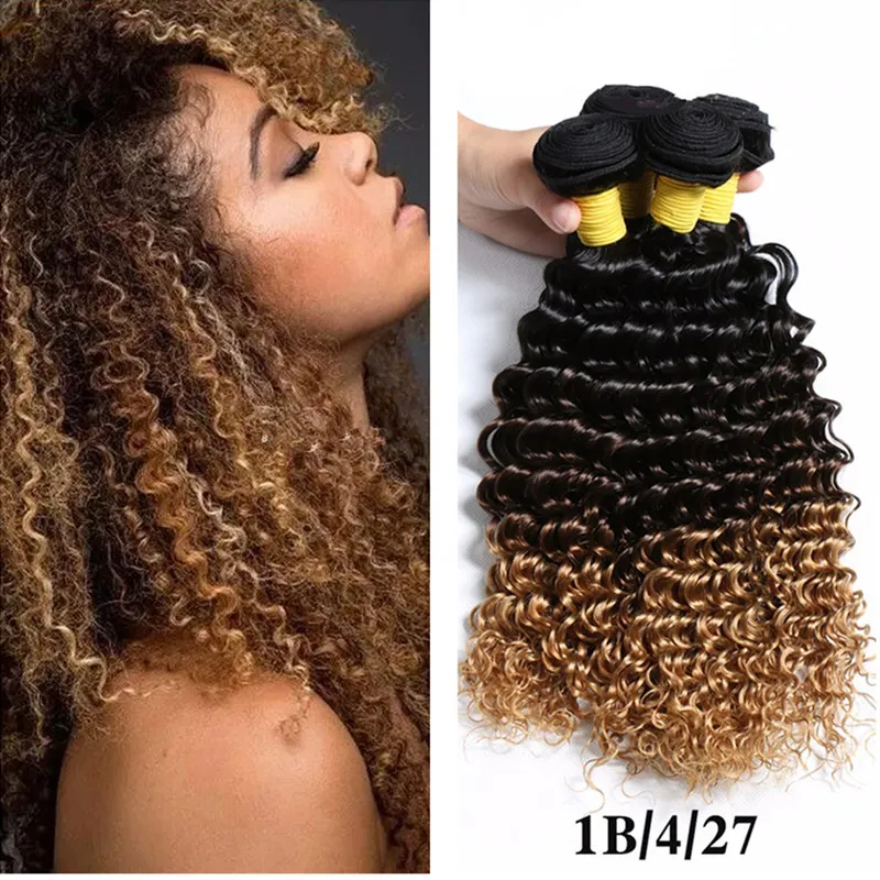 Three Tone Colored 1B 4 27 Honey Blonde Ombre Deep Wave Human Hair Weave Ombre Deep Curly Hair Extensions 3 Bundles For Sale From 109 15 DHgate