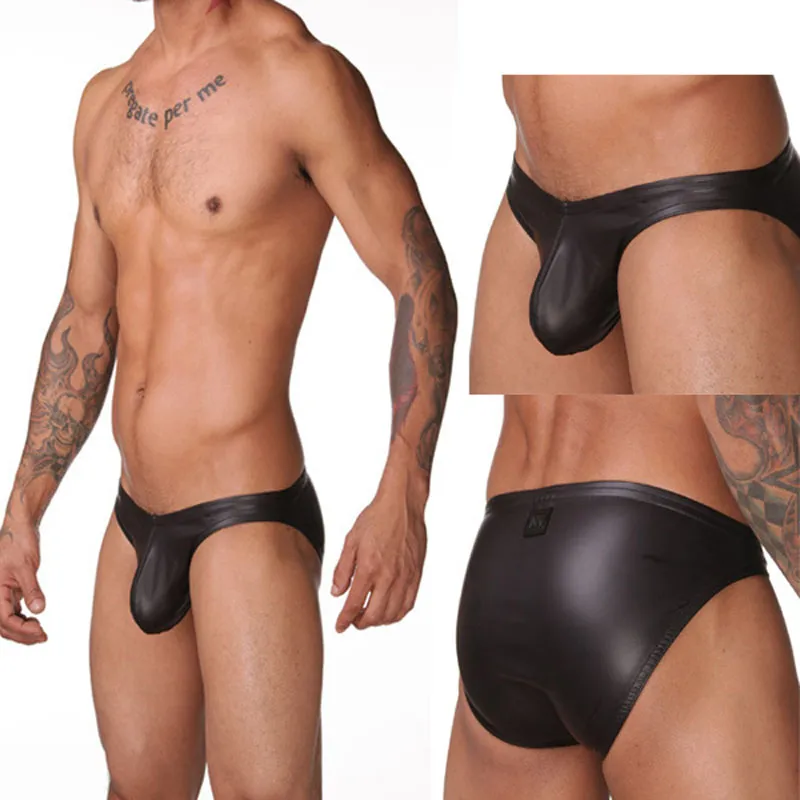 Noir Sexy hommes sous-vêtements Faux cuir moulante culotte taille basse slips enveloppé tongs mâle exotique caleçon