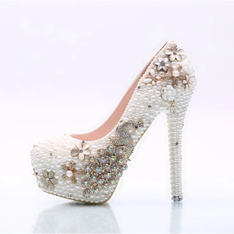 White Pearl Phoenix Wedding Shoes High Heel Rhinestone Stiletto Heel Bridal Dress Shoes Prom Prom Presh Proms حجم كبير 45153S