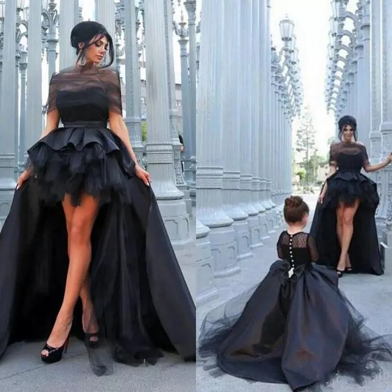 2019 Preto Mãe E Filha Vestidos de Casamento para a Qualidade do Baile Ruffles Alta Baixa Saia de Cetim e Tule de Manga Longa Crianças Pageant Vestidos