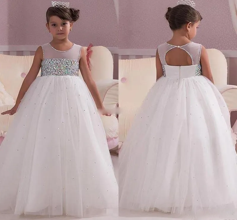 2018 Prinzessin Weiße Hochzeit Blumenmädchenkleider Empire-Taille Kristalle Offener Rücken 2017 Maßgeschneidertes günstiges Baby-Kommunion-Mädchen-Festzug-Kleid