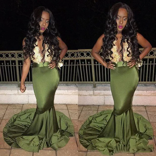 Olive green and cheap gold prom dress