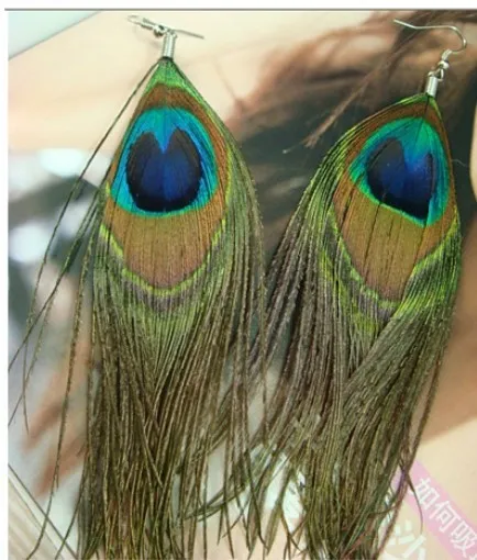 Retro national style dangle Chandelier luxury peacock feather earrings color wild earrings fashion trend