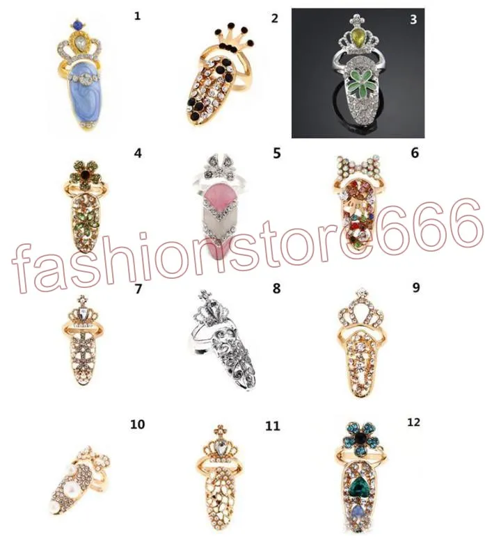 Modet Rhinestone Cute Bowknot Finger Nail Ring Charm Crown Flower Crystal Female Personality Nail Art Rings3043