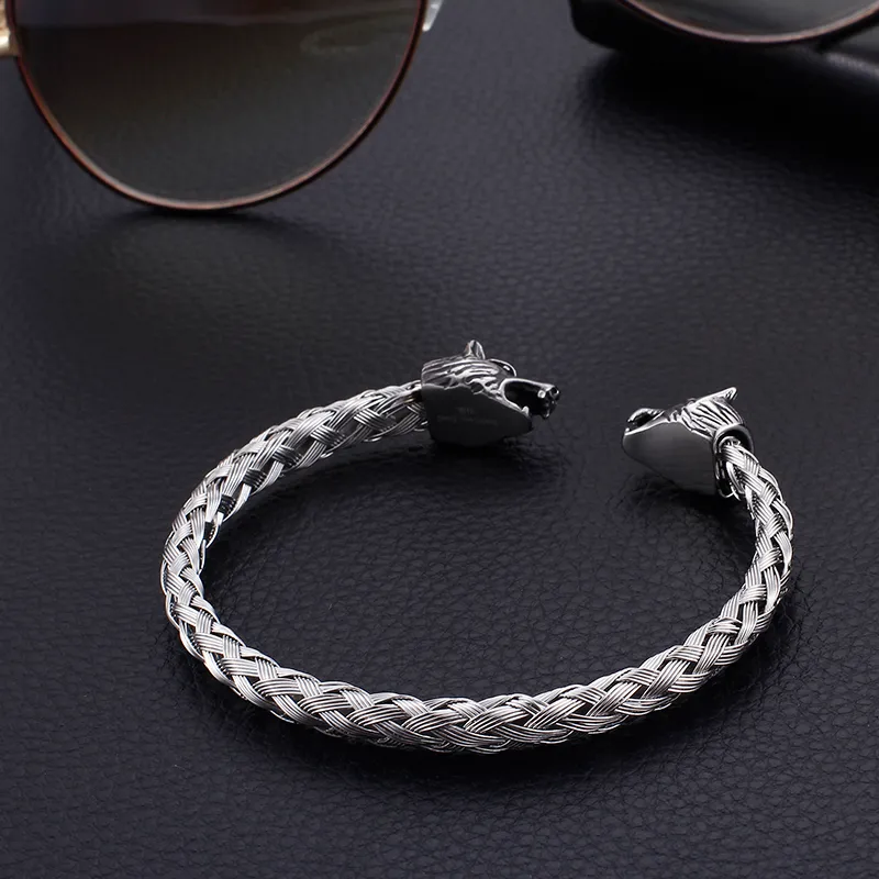 Silver Stainless Steel Cuff bangle Biker wolf head End Open Bracelet knot Wire chain