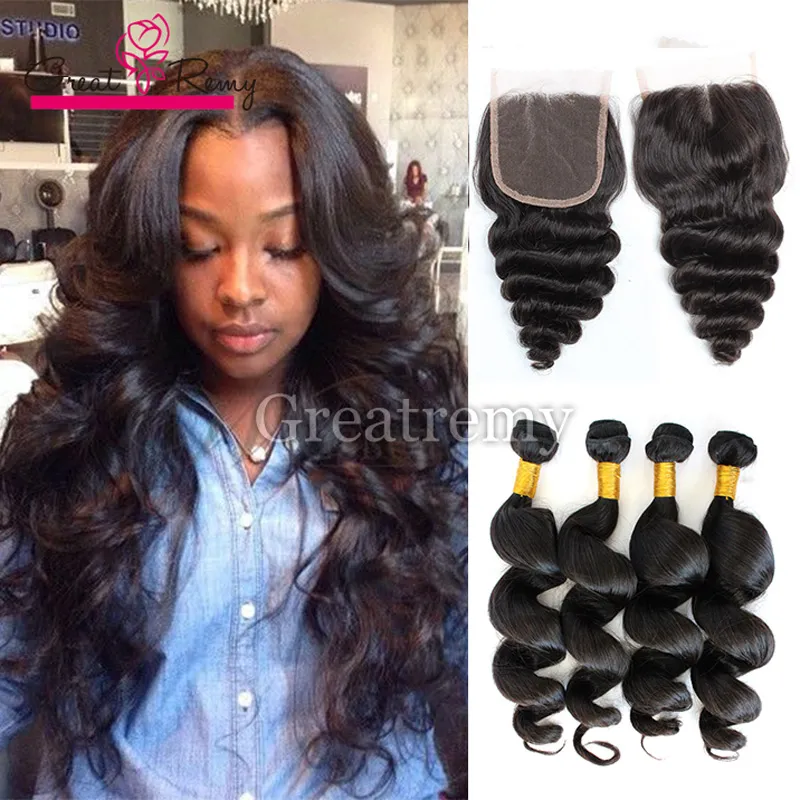 Greatremy Peruvian Malaysian Hair Extension Mellandel Top Lace Closure 4x4 med 4 st Hårbuntar Lös våg Virgin Hair Natural Color