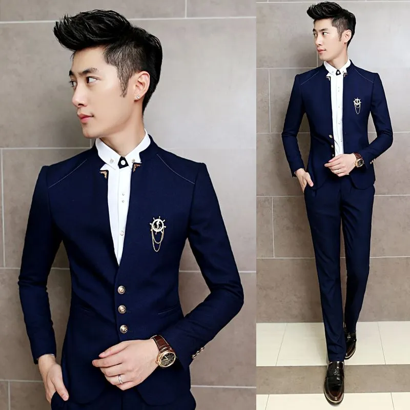 New 2PCS/Set Slim Fit Prom Homme Men Costume Wedding Suits Classic Chinese Collar Party Dress Suits Boys Jacket with Pants