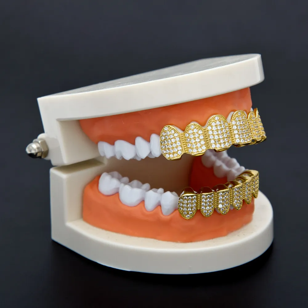 New Custom Silver Gold Color All Iced Out Luxury Zircon Top Bottom Grillz set Hop HIP teeth Gift