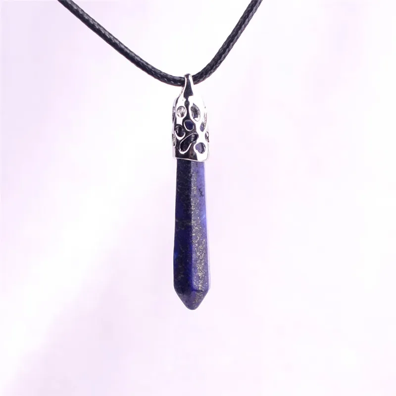 60*10mm Egyptian Blue Lapis Lazuli Nature Quartz Semi-precious Stone 6 Facet Cut Created Gemstones Silver Plated Cap Bail Pendant Necklace