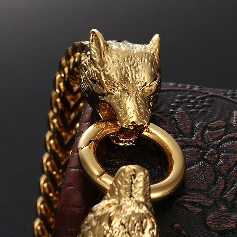 Męskie chłodne prezenty rowerowe stalowe złoto złota podwójna łańcuch figaro bransoletka wilk czaszka lwa głowicy zapięcie bransoletka Bransoletka 279o