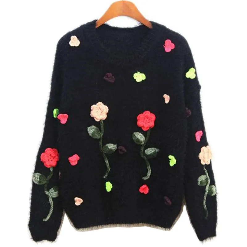 Wholesale- 2017セーター女性韓国風花刺繍バラジャンパーヘッジセーターモヘア雌プルオーバーvestidos LXJ191