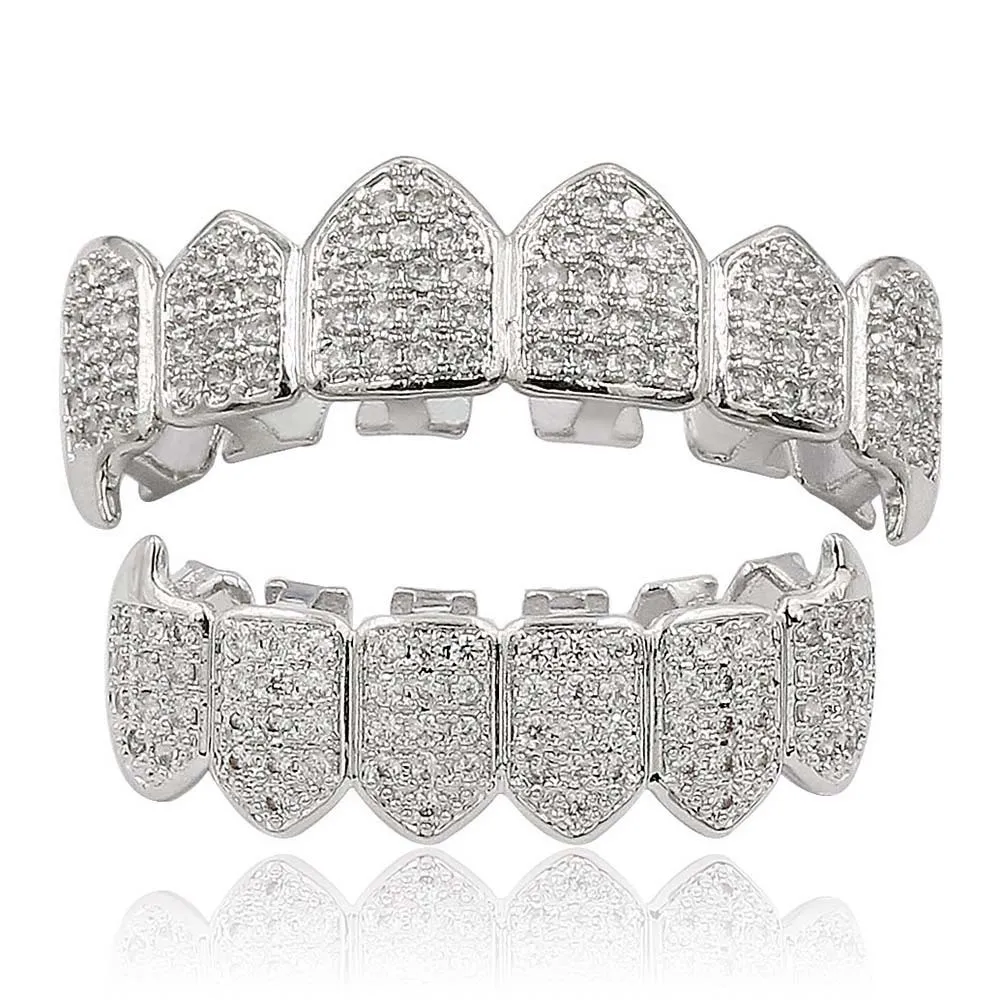 Hip Hop Iced Out CZ Mond Tanden Grillz Caps Top Bottom Grill Set Mannen Vrouwen Vampire Grills