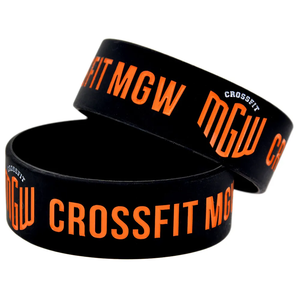 Bracciale in gomma siliconica CrossFit MGW da 50 pezzi, logo riempito di inchiostro largo 1 pollice regalo di promozione sportiva