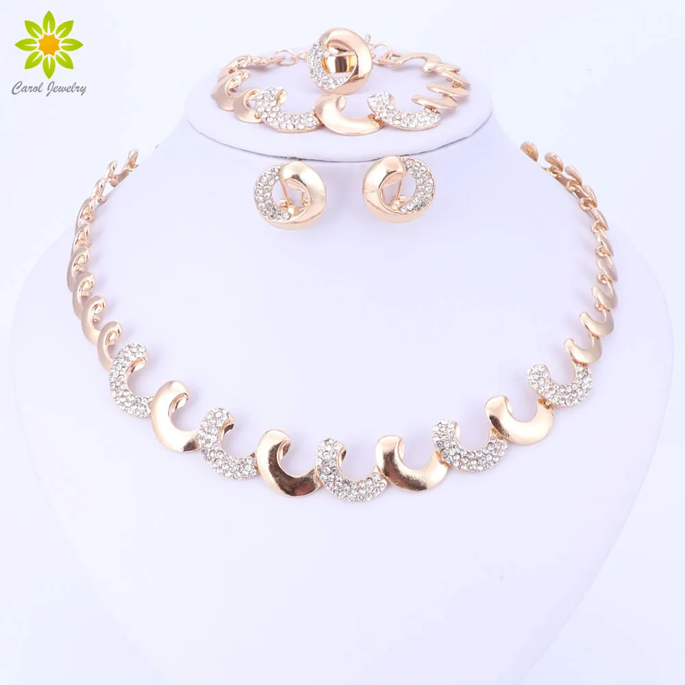 18K guldpläterade afrikanska pärlor smycken uppsättningar för kvinnor parti nigerianska brudkristall klassiska halsband tillbehör