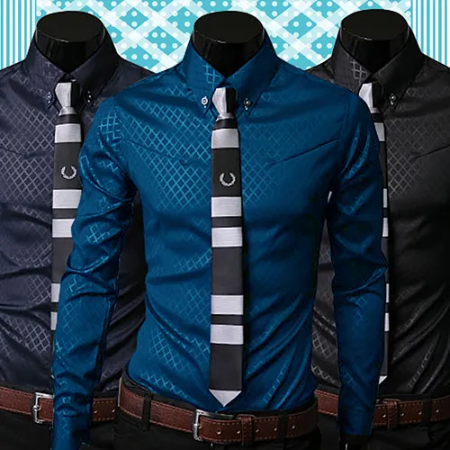 Wholesale- Store 15Fashion Men Argyle  Business Style Slim Fit Long Sleeve Casual Dress Shirt