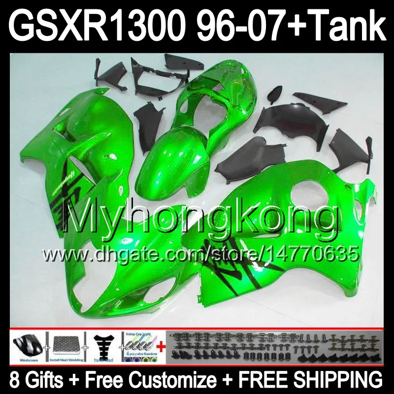 Glansgrön 8Gift för Suzuki Hayabusa GSXR1300 96 97 98 99 00 01 13MY69 GSXR 1300 GSX-R1300 GSX R1300 02 03 04 05 06 07 Grön svart fairing
