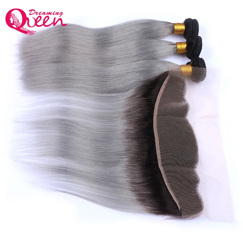 1B grigio dritto Ombre estensioni dei capelli umani vergini brasiliani 3 pacchi con chiusura in pizzo 13x4 da orecchio a orecchio con capelli del bambino Prepluck4951007