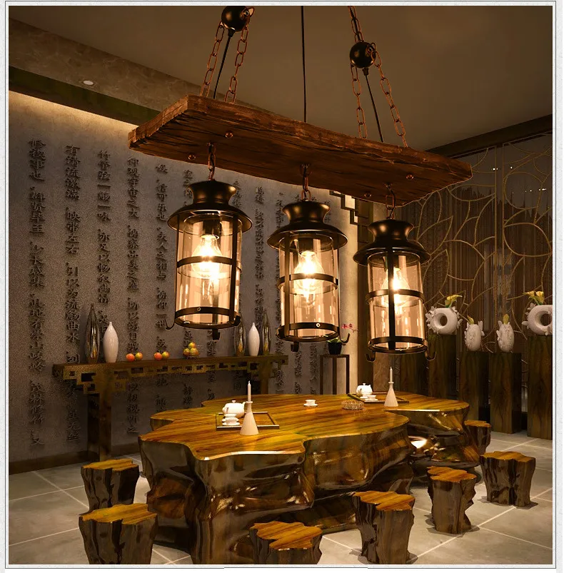 Industrial Retro Boat Wood Pendant Lights 110V 220V 3 Head Vintage Chandelier Lighting Fixture for Cafe Bar Lighting