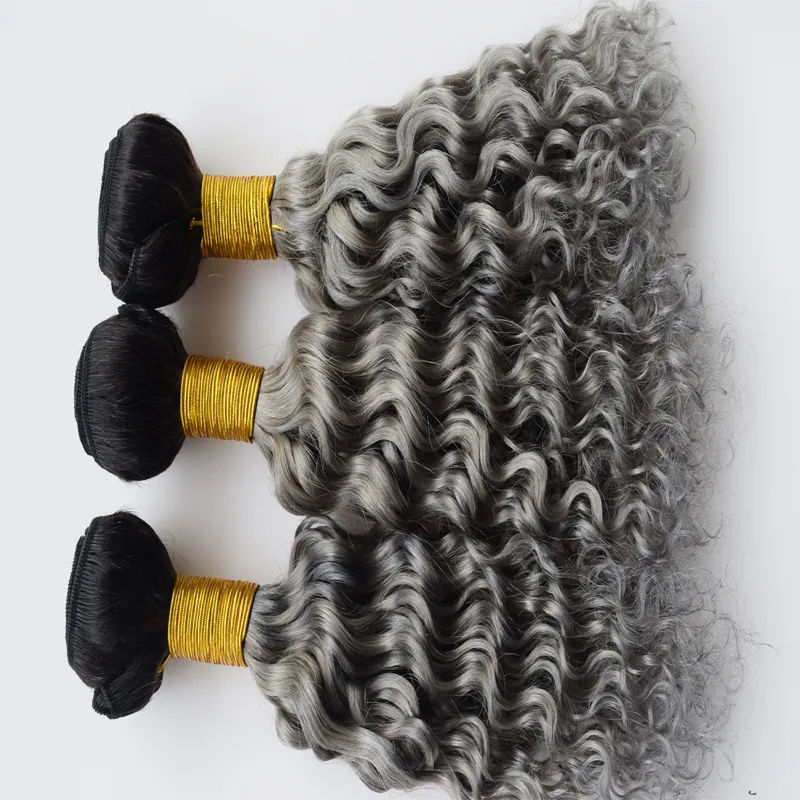 Ombre färg # 1b grå djupvåg lockig malaysisk 9a mänskligt hår buntar / mycket två ton mörk rot sliver grå mänsklig hårförlängning